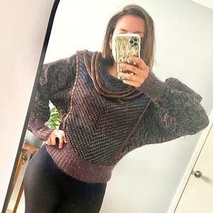 Vintage brown sweater decorative neckline 80s 90s sparkling long sleeve